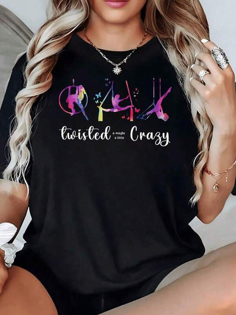 Figura de siluetas coloridas de mujeres haciendo acrobacias y danza aérea simbolizando libertad energía y valentía camiseta para mujer 100% algodón cómoda y moderna