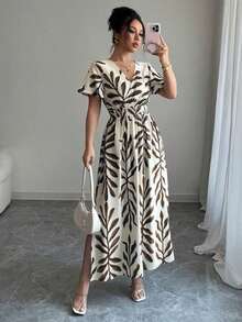 Vestido con mangas abullonadas, cintura anudable y bajo ajustable con abertura, hecho de gasa francesa, elegante, apropiado para vacaciones, fiestas de té de la tarde o playa - Marrón - Ver 4