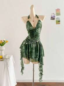 Vestido azul impreso de malla de punto con escote de halter romántico de vacaciones para mujeres - Verde - Ver 7