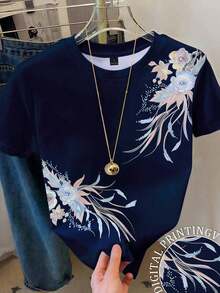 Camiseta de manga corta casual con estampado floral, versátil para el verano - Multicolor 5 - Ver 1