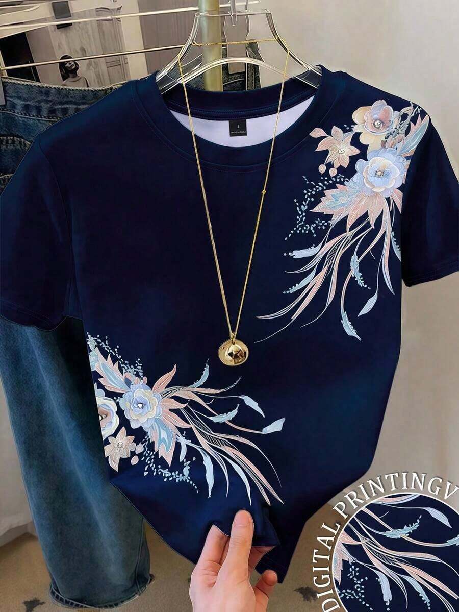 Camiseta de manga corta casual con estampado floral, versátil para el verano - Multicolor 5 - Ver 1