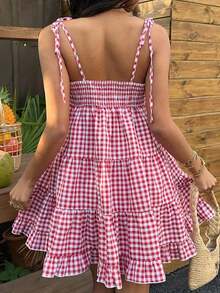 Vestido de mujer retro francés de cuadros rojos con tirantes finos, nuevo diseño de primavera temprana con encaje, versátil, dulce y elegante con capas - Burdeos - Ver 2