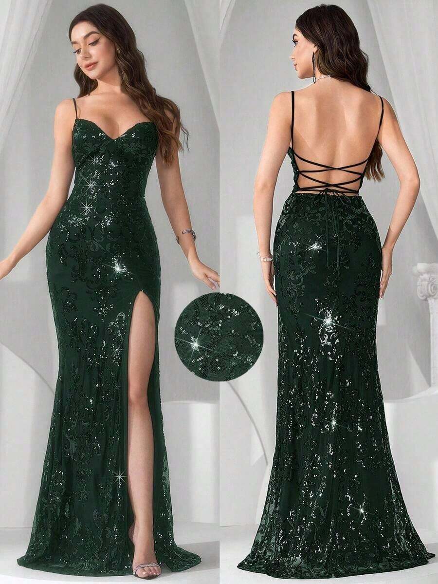 Vestido de noche con abertura alta en el muslo, con lentejuelas y diseño de patchwork, con espalda descubierta y silueta de sirena para mujer - Verde Oscuro - Ver 1