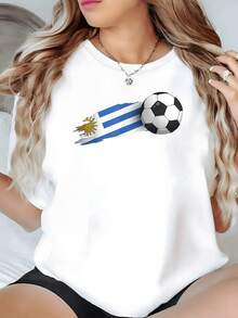 Bandera de Uruguay con sol radiante y balón que simboliza pasión deportiva orgullo nacional y energía positiva camiseta de mujer casual moderna y cómoda - Blanco - Ver 8