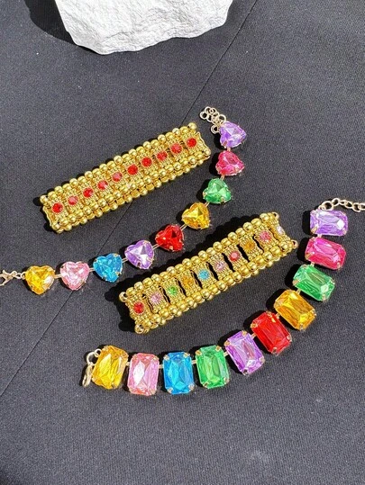 Vòng tay kim loại đính đá Zirconia hình trái tim nhân tạo nhiều màu sắc, phong cách Harajuku Y2K sáng tạo, thích hợp cho mùa hè.
