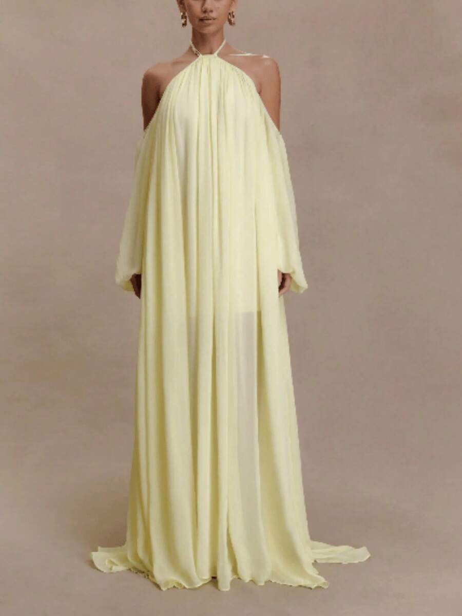 Vestido vacacional de cuello halter, manga larga, corte holgado y falda amplia fluida, estilo europeo y americano - Amarillo - Ver 1