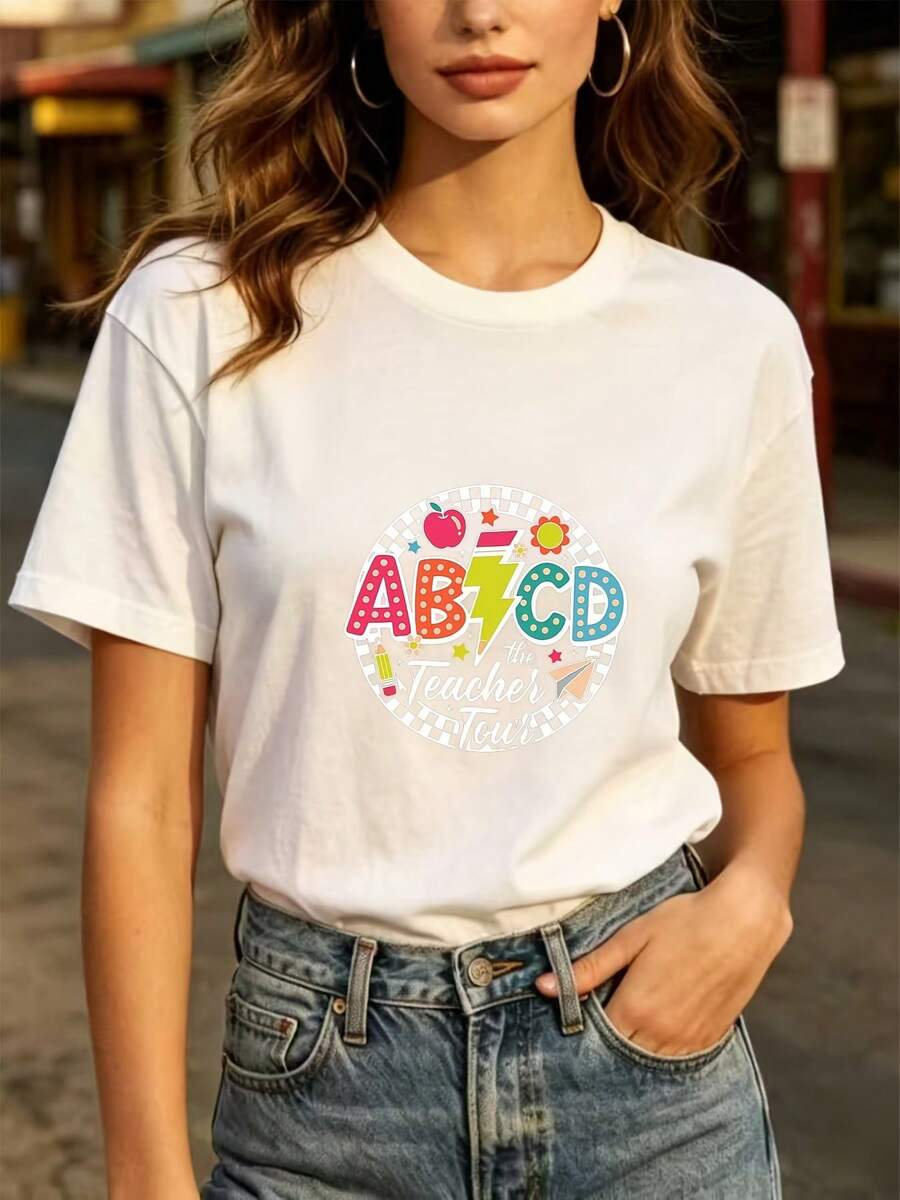 Camiseta de manga corta a la moda para uso diario, camiseta divertida de 180g ABCD para viajes de profesores, regalo creativo para el Día del Maestro, cuello redondo cómodo, camiseta casual clásica unisex, perfecta para fiestas de verano para empleados. - Blanco - Ver 1