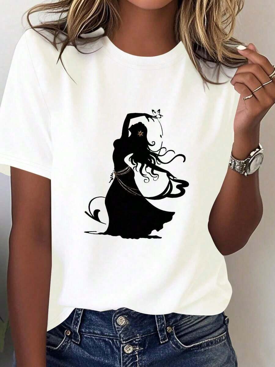 Comfortable Printed T-Shirts For Belly Dancers, Pure Cotton T-Shirt For Women, Comfortable Fit, 100% Cotton Loose Versatile Short Sleeve T-Shirt For Women - 白色的 - 查看 1