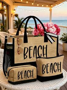女款海灘托特包套組，附「BEACH」字母藝術圖案，包含大容量托特包、黑色時尚眼鏡、海灘帽、2個化妝包、1個輕量可重複使用購物袋及迷你錢包 - 彩色 - 查看 17