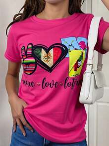 Camiseta playera gráfica dama mujer manga corta cuello redondo casual cómoda fresca ligera moderna juvenil corte regular estampado lotería mexicana viva méxico corazón cartas rosa florPure-Cotton - Rojo - Ver 6