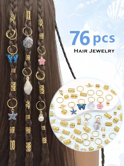 76 ชิ้น ห่วงผมรูปทรงต่างๆ พร้อมเปลือกหอยไล่ระดับ, หอยสังข์, คาเมลเลีย & ผีเสื้อ – ข้อมือปรับได้, เครื่องประดับผมโบโฮชายฝั่งสำหรับเดรดล็อกและผมเปีย