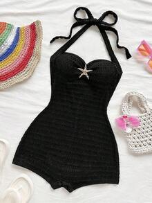 Mono de textura de unicolor con lazo de atar en el cuello para vacaciones, para fiesta en la playa - Negro - Ver 5