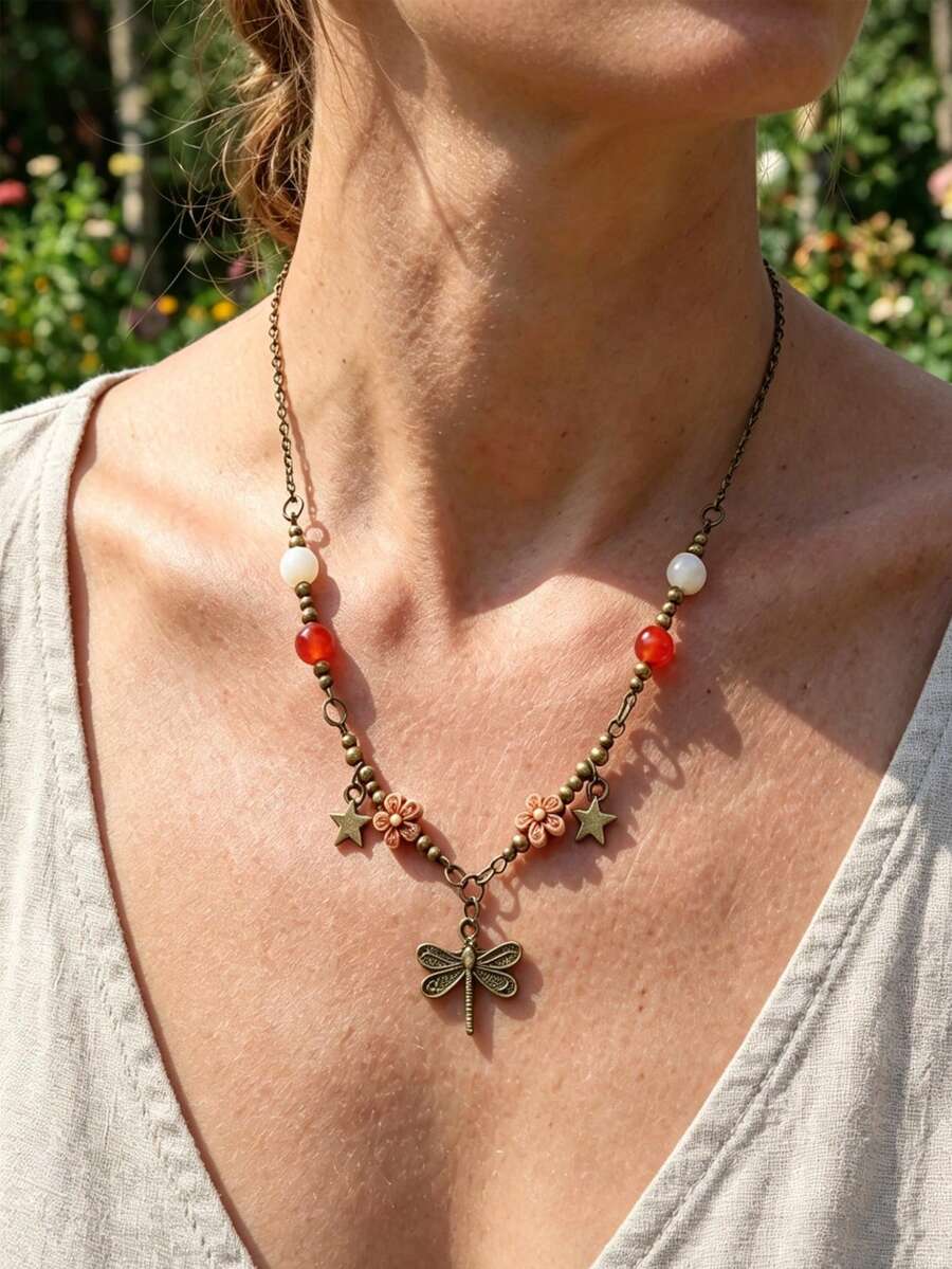 1pc Vintage Dragonfly Pendant Necklace, Bohemian Floral & Star Beaded Choker Necklace, Versatile Daily Wear Jewelry - Multicolor - View 1