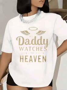 Women's T-Shirt With Angel Wings And Halo Print That Says "Dad Watches Over Me From Heaven", Short Sleeve, Round Neck, Loose Fit For Everyday Wear, 220g - 白色的 - 查看 1
