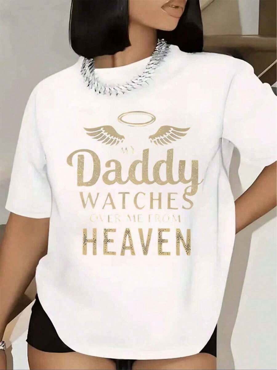 Women's T-Shirt With Angel Wings And Halo Print That Says "Dad Watches Over Me From Heaven", Short Sleeve, Round Neck, Loose Fit For Everyday Wear, 220g - 白色的 - 查看 1