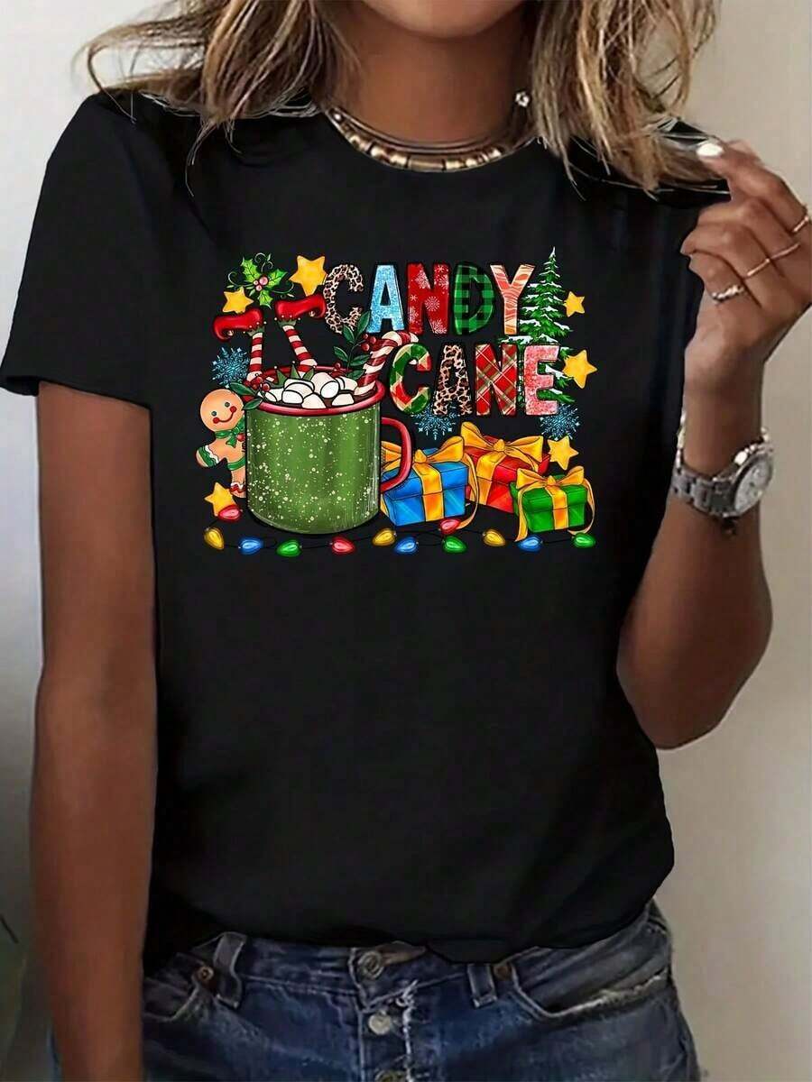 Camiseta de Chocolate Caliente con Diseño de Bastón de Caramelo Navideño, Taza Festiva, Caja de Regalo, Estampado de Pan de Jengibre, Top Casual para Mujer para Fiestas de Navidad y Eventos Festivos. - Negro - Ver 1
