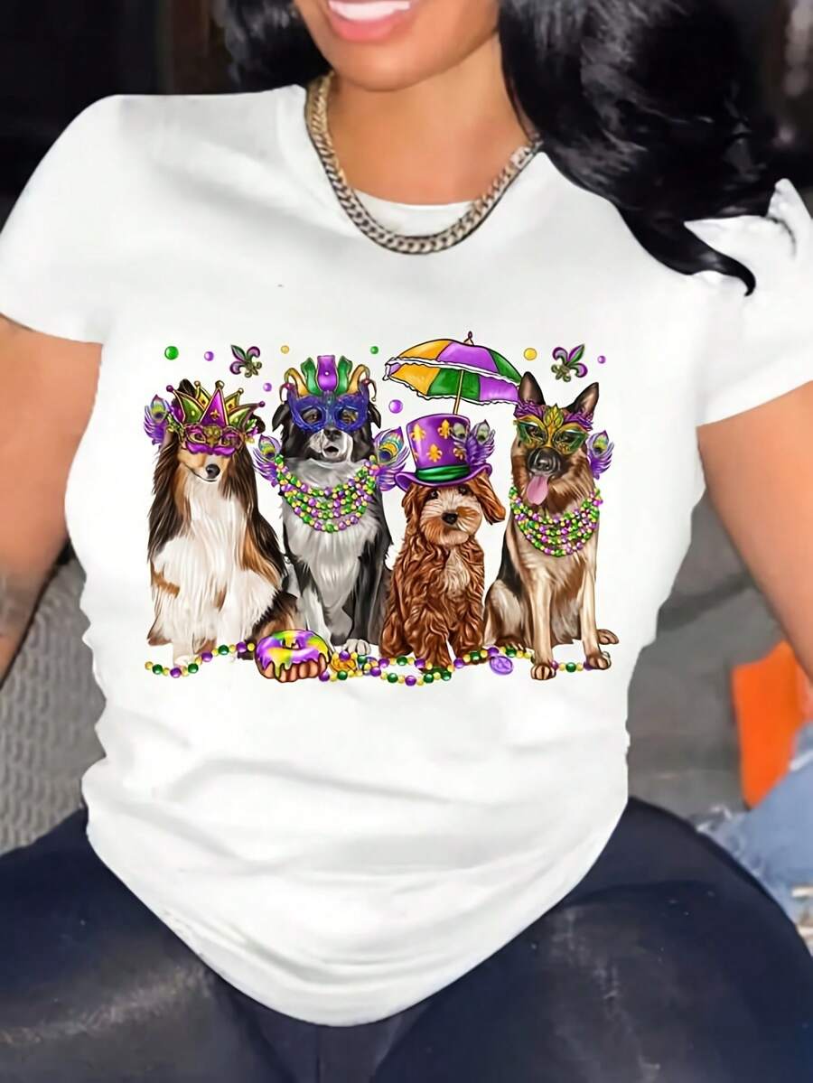 1 Halloween T-Shirt For Women And Men, With A Glittery Mask And Beaded Dog Design - Soft, Breathable, Lightweight, Crew Neck, Short Sleeve, New Orleans Jazz Party Outfit, Carnival Theme Costume, Machine Washable, Casual And Comfortable Fit, A Gift For Dog Lovers - Halloween 180g 100% Cotton. - 白色 - 查看 1