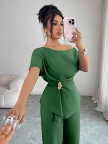 onjunto de primavera/verano para mujer con pantalón ancho de una sola manga con hebilla metálica en la cintura, adecuado para uso diario, bodas, galas, ir al trabajo, fiestas de graduación, vacaciones, citas, fiestas, Halloween, Navida - Verde militar - Ver 7