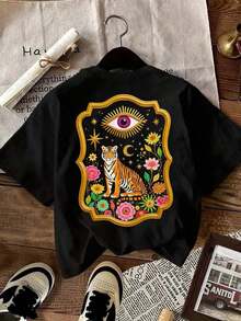 Camiseta casual de mujer, Camiseta de arte de tigre misterioso - Camiseta surrealista, Camiseta de tigre rosa y dorado para veranoPure-Cotton - Negro - Ver 3