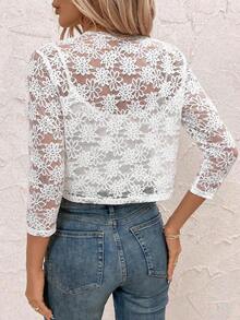 Chaqueta corta elegante de mujer de encaje floral transparente y ligera, estilo de vacaciones, primavera/verano - Blanco - Ver 2