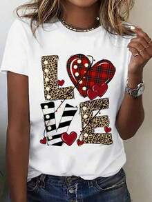 [Entrega Local]Playera Para Mujer Camiseta Holgada De Manga Corta Con Cuello Redondo Y Estampado De Pintura Pintada A Mano Retro Inglesa De Amor Para Mujer - Blanco - Ver 1