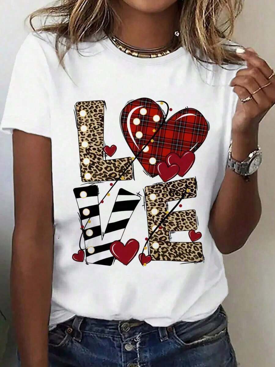 [Entrega Local]Playera Para Mujer Camiseta Holgada De Manga Corta Con Cuello Redondo Y Estampado De Pintura Pintada A Mano Retro Inglesa De Amor Para Mujer - Blanco - Ver 1