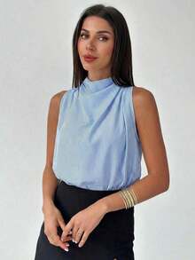 Camisa asimétrica plisada de color albaricoque, elegante y de moda, para uso diario en la oficina, de vacaciones o en festivales de música, para primavera/verano - Azul y blanco - Ver 8
