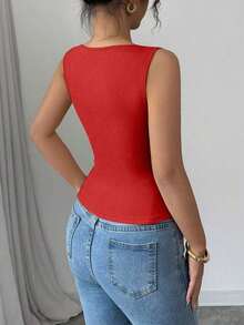 Camiseta sin mangas de verano ajustada de cuello cuadrado de unicolor elegante y casual para mujer - Rojo - Ver 2