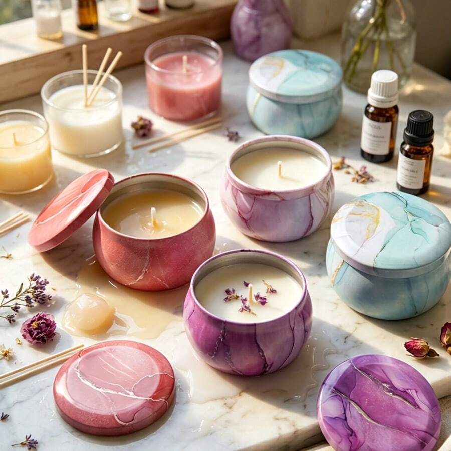 52pcs 2.5oz Round Marble Pattern Candle Jars With Wicks, Empty Jars Suitable For Candle Making, Home Decor And Housewarming Gifts