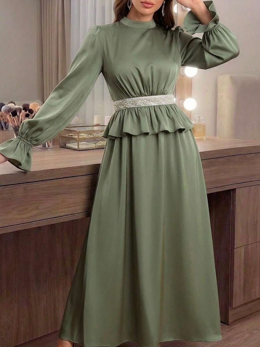 Women's Elegant Beaded Waist Patchwork Ruffle Lantern Sleeve A-Line Long Party Dress, Suitable For Christmas And New Year Spring - Green - View 1
