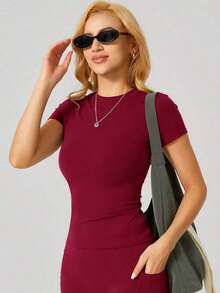 1 pieza Camiseta deportiva de manga corta de ajuste ceñido y minimalista para mujer, ideal para el verano - Rojo - Ver 7