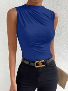 Blusa casual versátil con cuello alto y plisados para mujer - Azul - Ver 4