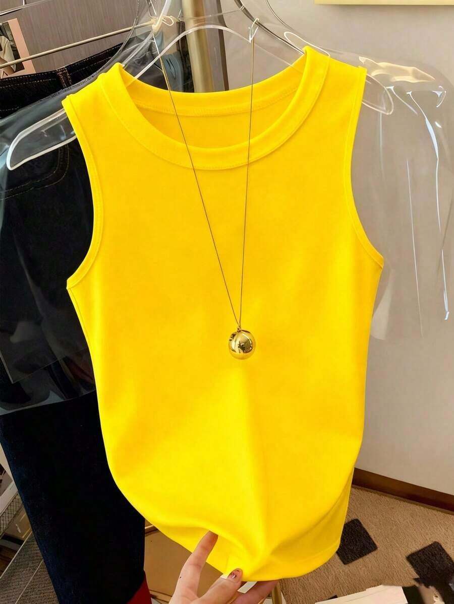 Camiseta de tirantes casual y versátil con cuello redondo y ribete acanalado a rayas para mujer - Amarillo - Ver 1