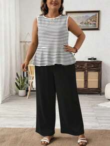 LUNE Conjunto de 2 Piezas para Mujer Talla Grande, Camisola de Verano de Color Sólido con Cuello Redondo y Volantes en el Bajo y Pantalón de Pierna Ancha Holgado - Multicolor 6 - Ver 4