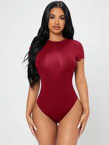 Body de mujer de manga corta, color blanco sólido, de uso versátil y casual - Burdeos - Ver 5