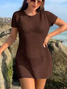 Conjunto de ropa de verano para mujer - Cubierta de playa de unicolor con cortes huecos, estilo de vacaciones de verano - Marrón - Ver 5