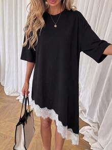 Vestido de talla media de manga corta con bajo asimétrico, de uso diario, de vacaciones y casual, de unicolor con parches de encaje, de moda básica para mujeres - Blanco y Negro - Ver 3