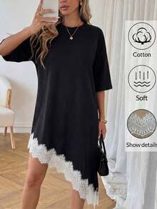 Vestido de talla media de manga corta con bajo asimétrico, de uso diario, de vacaciones y casual, de unicolor con parches de encaje, de moda básica para mujeres - Blanco y Negro - Ver 5