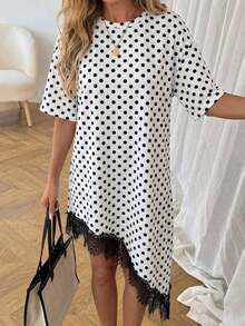 Vestido de talla media de manga corta con bajo asimétrico, de uso diario, de vacaciones y casual, de unicolor con parches de encaje, de moda básica para mujeres - Blanco y Negro 2 - Ver 8