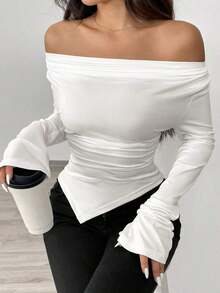 Women's Winter Sweater With A Plunging Neckline, Can Be Worn With An Asymmetrical Collar, Asymmetrical Hem, Knitted Top. - 白色 - 查看 7