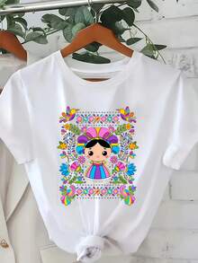 2026Camiseta Casual de Manga Corta con Estampado de Estilo Mexicano para Mujer, Cuello Redondo y Corte Holgado, Ropa de Primavera y Verano, Prenda Oversize para Mujer2026 - Blanco - Ver 1