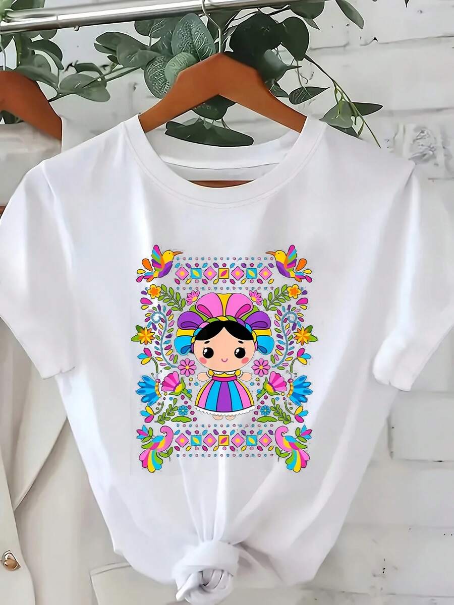 2026Camiseta Casual de Manga Corta con Estampado de Estilo Mexicano para Mujer, Cuello Redondo y Corte Holgado, Ropa de Primavera y Verano, Prenda Oversize para Mujer2026 - Blanco - Ver 1