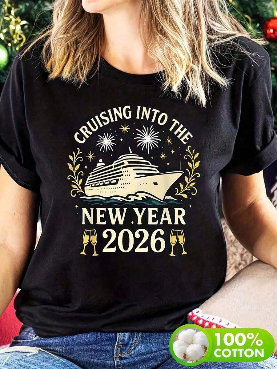 Women's Plus Size Clothing, 2026 Cruise Theme T-Shirt For Women - Digital Print Cruise And Champagne, Loose Crew Neck Top, Suitable For Cruise Party, New Year's Eve And Holiday Wear - Cruise Celebration T-Shirt, Spring Summer Casual Wear (Do Not Dry Clean) - 黑色 - 查看 1