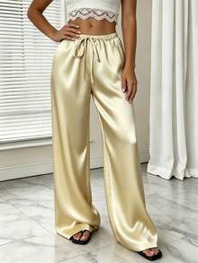 1pc Solid Color Drawstring Pocket Pants, Suitable For Home, Daily Wear, Holidays, Singles Party, Satin, All Seasons Spring - Yellow - View 7