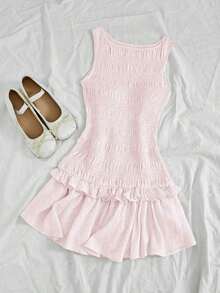 Vestido corto con volantes color albaricoque - Rosa Pálido - Ver 6