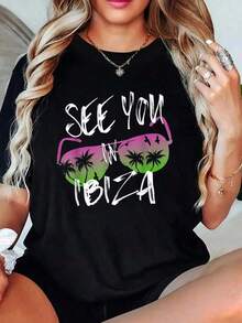 100% Cotton. See You In Ibiza, Balearic Islands, Spain. Holiday T-Shirt With Sunglasses. - 黑色 - 查看 1