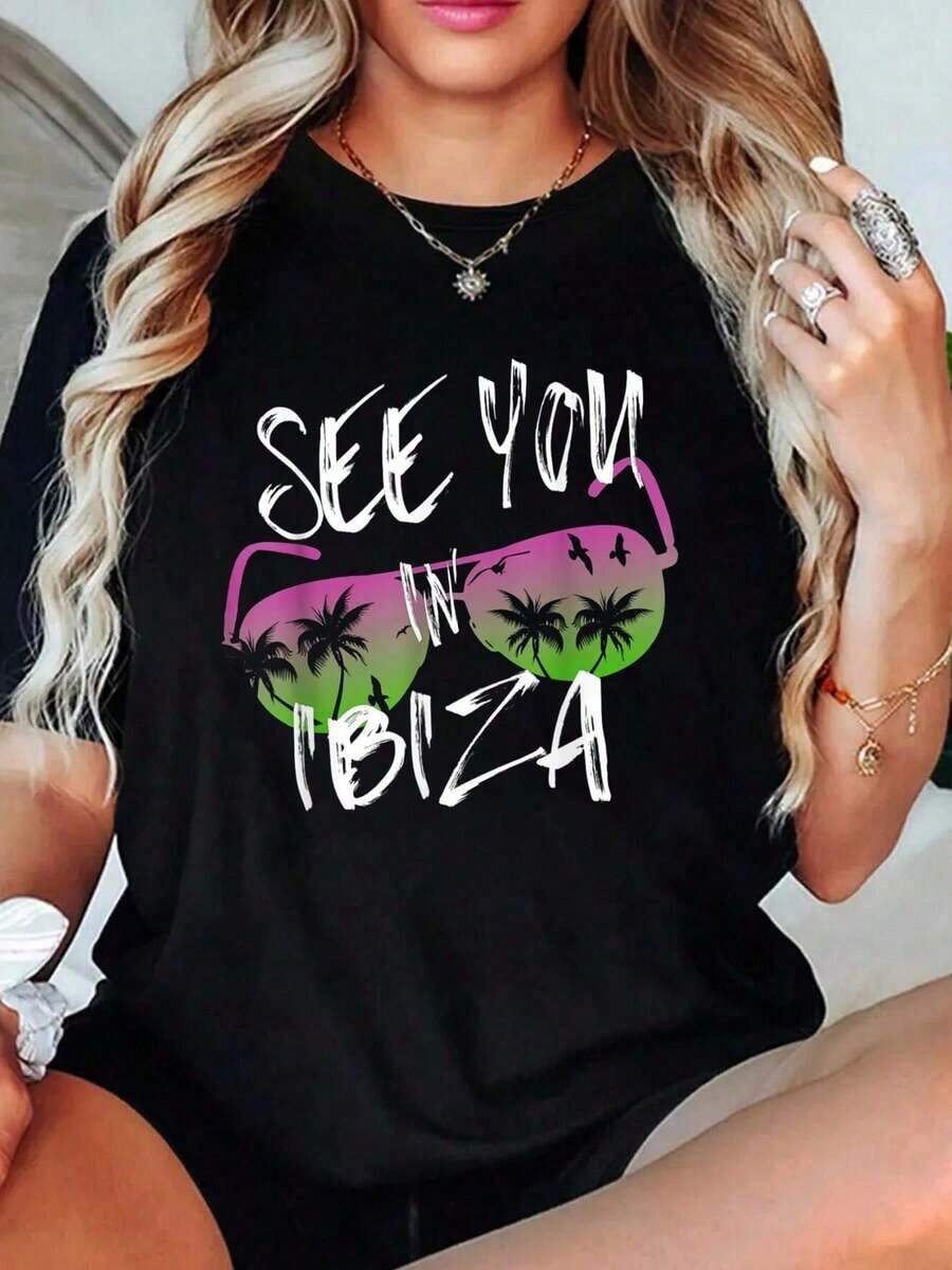 100% Cotton. See You In Ibiza, Balearic Islands, Spain. Holiday T-Shirt With Sunglasses. - 黑色 - 查看 1