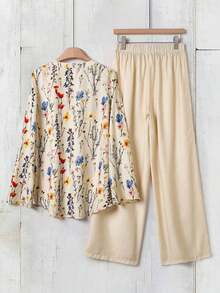 Set de 2 piezas de camisa estampada floral y pantalones casuales para mujer, set de verano de top y pantalones anchos elegante y casual con estampado de contraste, conjunto de top tubo y pantalones, vestido de verano de dos piezas, vestido de vacaciones de dos piezas estilo bohemio para mujer - Multicolor - Ver 8