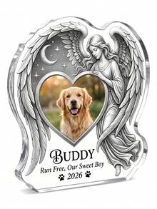 1pc Customizable Acrylic Angel Wings Pet Memorial Plaque, With Angel And Moon Pattern, Customizable Photo And Text, Designed For Vertical Display, A Warm Condolence Gift For Pet Lovers - Model 3 - View 9