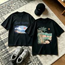 2-Piece Couple Matching Pattern T-Shirt, 100% Cotton, Loose Fit, Soft And Breathable, Casual Round Neck Short Sleeved Top Not Today Devil It's No Signal Lost Versatile Patterns No Picky Combinations Coordinated Dating Casual Travel Simple And Cartoonish Printing Styles High Cost-Effectiveness - 黑色 - 查看 1